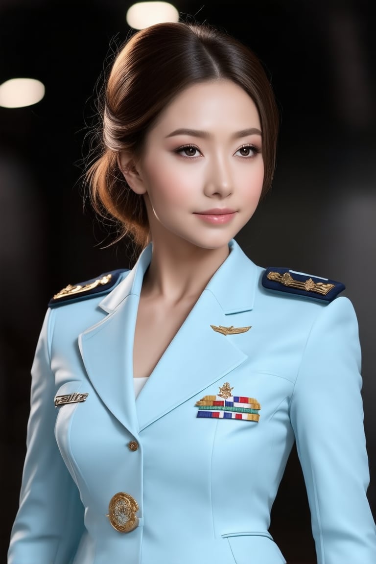 The image depicts a portrait of a young hottest de l'air with stylized features. she is elegant, emotive faces, smile,  bun hair. Her outfits is flight uniform. Image all are in high resolution. The background is blurred with hints of dark tones, which serve to highlight the subject without distracting and makeup.,Elite beauty