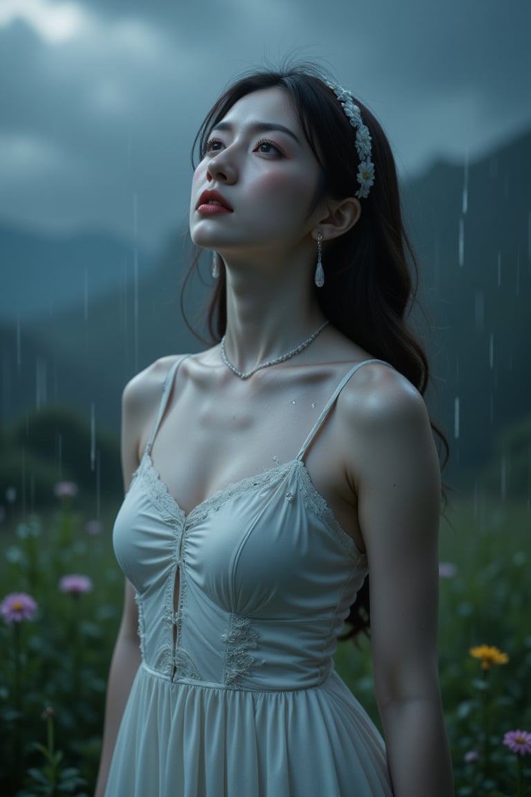 Against a moody, rain-soaked backdrop, a Gothic Lolita figure stands out amidst the grayness. She wears a flowing white dress, adorned with intricate lace and vibrant colors that seem to defy the somber atmosphere. Her gaze is cast upward, lost in thought as raindrops glisten on her porcelain skin. The morbid beauty's melancholy expression is reflected in the dark, swirling clouds above, as if the heavens themselves are mirroring her sorrow.