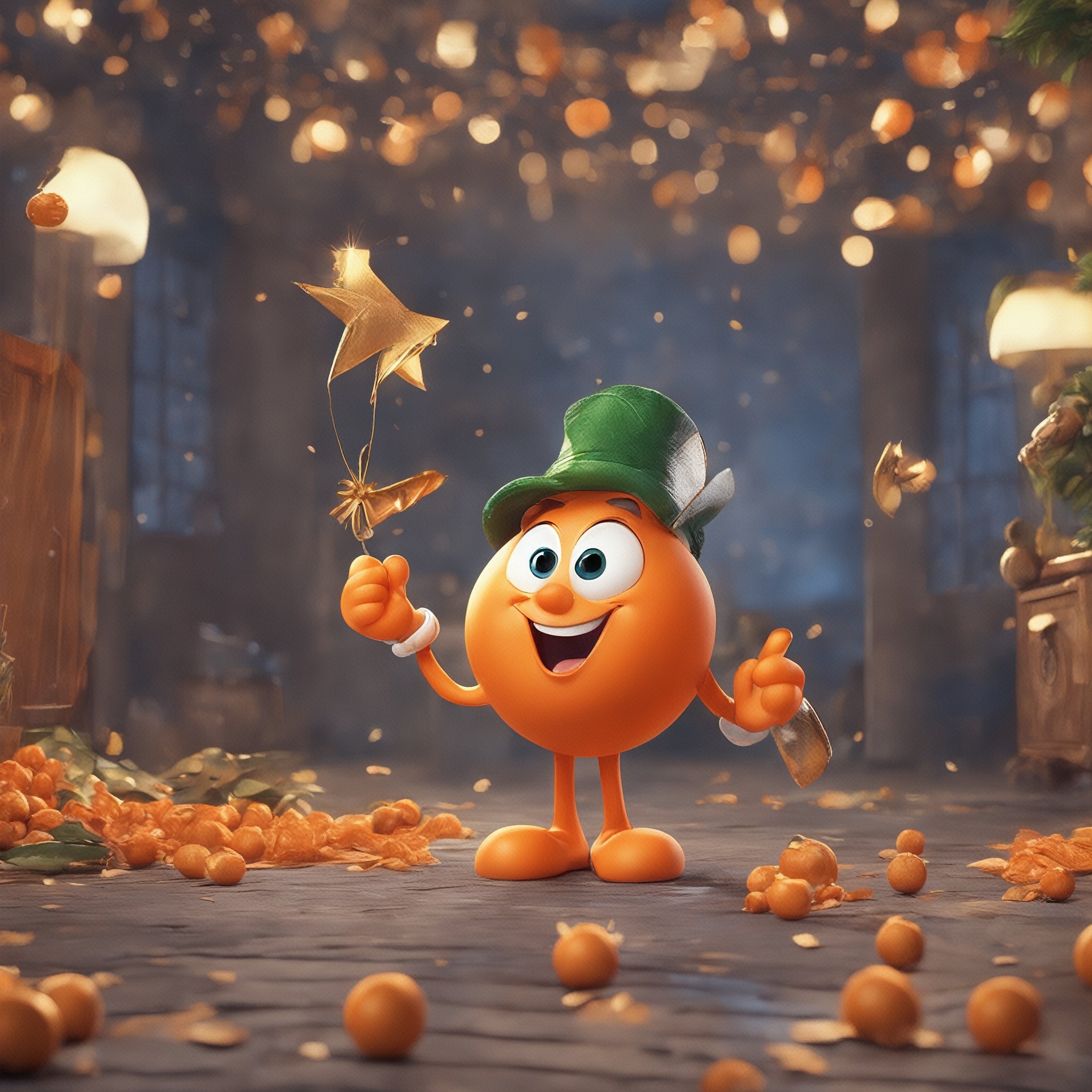 (((masterpiece))),best quality, orange character  in a cartoon movie are celebrating new year