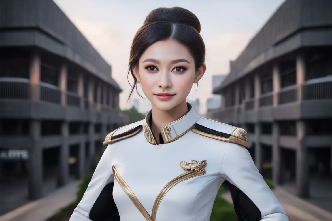 The image depicts a portrait of a young hottest de l'air with stylized features. she is elegant, emotive faces, smile,  bun hair. Her outfits is flight uniform. Image all are in high resolution. The background is blurred with hints of dark tones, which serve to highlight the subject without distracting and makeup.,Elite beauty,Perfect Architecture