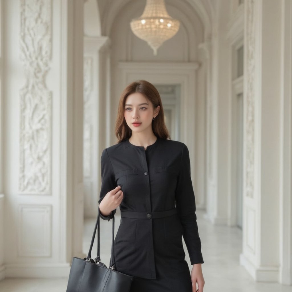 a woman stands in a stark white room, her hair cascades over her shoulders, her dress is adorned with a black button-down shirt and a black skirt. She is holding a black purse in her left hand, adding a touch of contrast to her outfit. The woman's gaze is directed towards the viewer, her eyes focused on something in the distance. A chandelier hangs in the upper right corner of the room, adding depth to the scene. The walls are adorned with intricate carvings, adding to the overall composition.