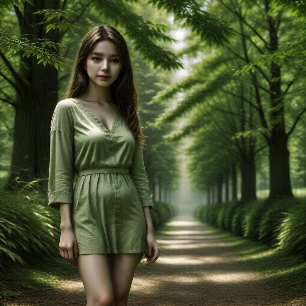 A serene image of a lone girl in a dense forest, sunlight filtering through the trees, casting soft dappled shadows on her. She stands amidst a carpet of fallen leaves, her gaze lost in the distance, capturing a moment of solitude and contemplation. The composition focuses on her silhouette against the lush green backdrop, with a hint of mist in the air, enhancing the mystical atmosphere.