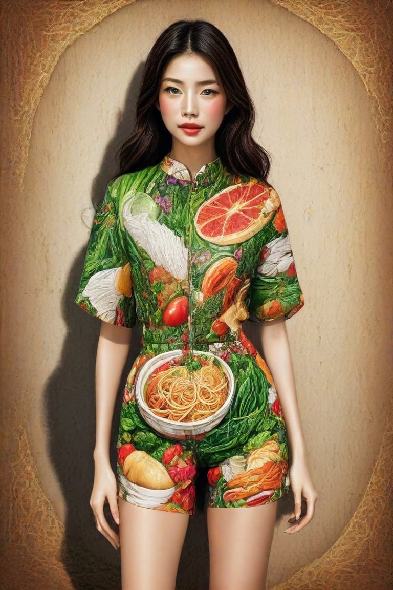 A vibrant artwork featuring a woman wearing a striking outfit that resembles a Vietnamese noodle dish. She stands against a textured background, her figure centered and bold. The shirt and shorts are meticulously designed to mimic the arrangement of pho ingredients, from noodles to vegetables and meat, all in vivid detail. The artist's signature is subtly placed at the bottom right corner, adding an air of authenticity. The overall effect is a stunning fusion of fashion and culinary art, radiating creativity and playfulness.