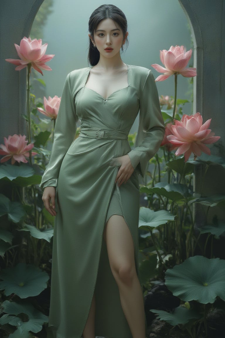 A statuesque figure stands tall amidst a serene backdrop of dark evil lotuses, bathed in soft, cool-toned light that highlights vibrant hues and tactile textures. The subject confidently poses with sharp lines and defined curves, its high-definition skin texture seemingly within reach.