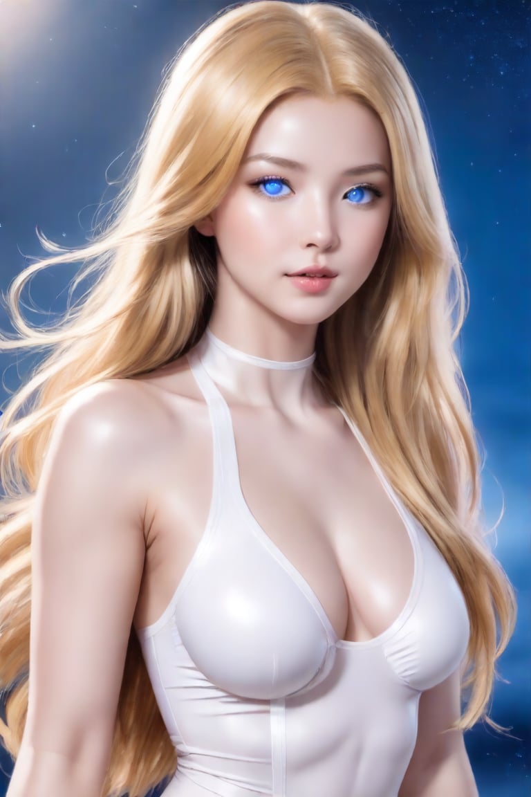 1girl, solo, long hair, breasts, looking at viewer, blue eyes, blonde hair, cleavage, medium breasts, collarbone, parted lips, lips, bodysuit, skin tight, realistic, white bodysuit,Realistic Enhance,Cartoon,portrait sticker,Truly Asian Beauty,Supreme