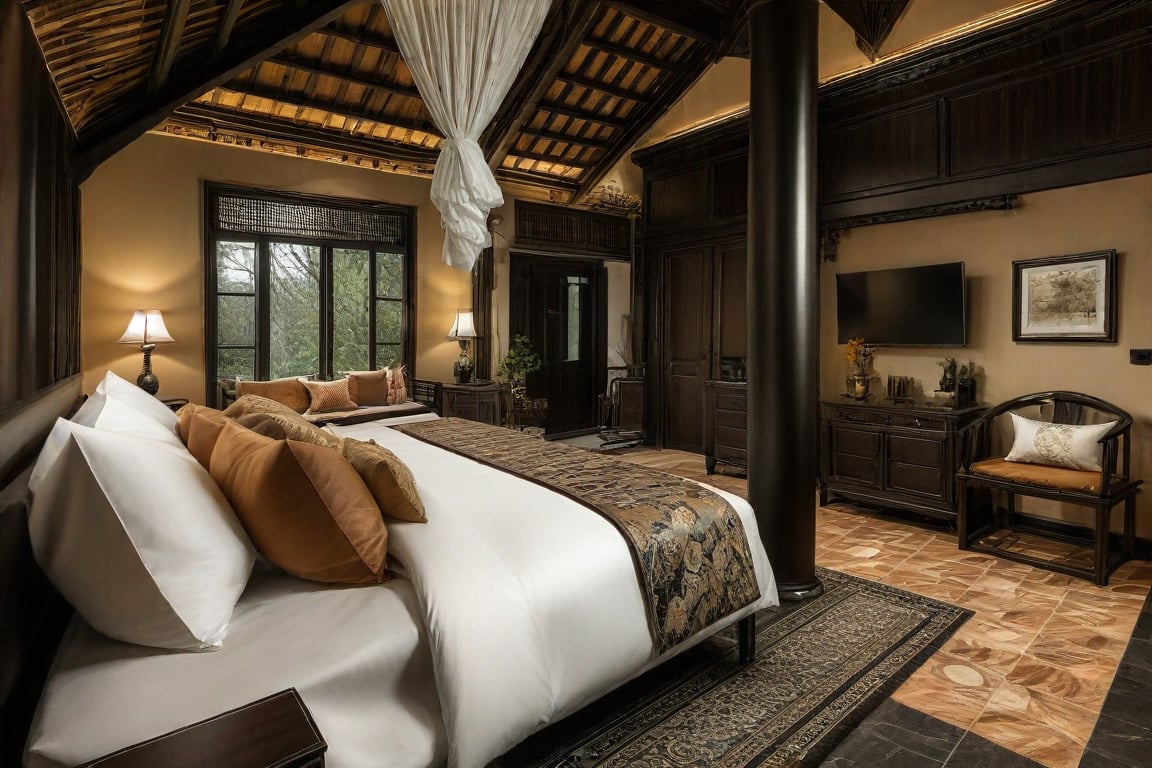 In the image, there is a bedroom that exudes a warm and luxurious atmosphere. The room is characterized by rich wooden accents on the ceiling and furniture, which add to its opulence. A large window with black metal framing offers a view of the outdoors, suggesting a connection to nature. The color palette is dominated by earth tones, with the bedspread in shades of orange and white providing a cozy feel. Traditional elements such as the intricate rug and the classic painting contribute to the room's timeless appeal.