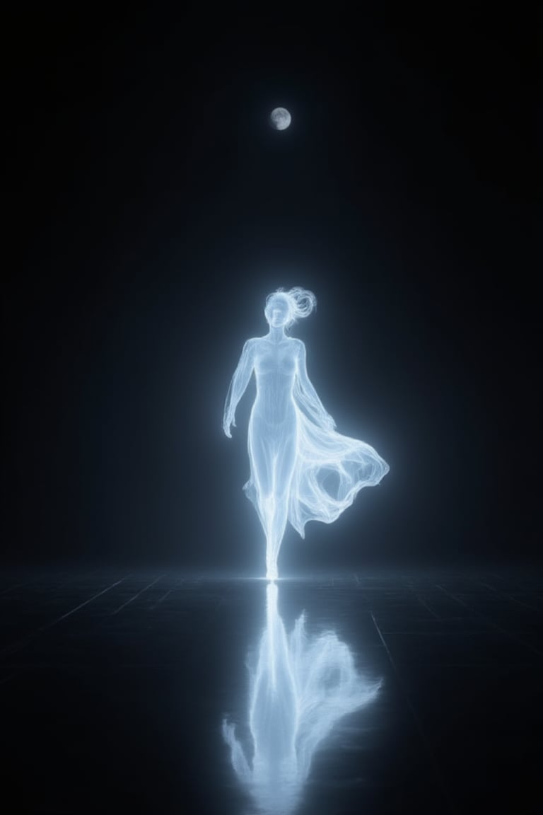 A dreamlike tableau: A translucent woman en pointe glides across the lunar-lit walkway, her diaphanous form glowing like a spectral apparition against the inky blackness. Her flowing gown billows behind her, rustling softly as she moves with an unearthly grace, surrounded by an inky void that highlights her radiant presence. The night's hush is broken only by the whisper-soft rustle of her garments, as the moon casts a silver spotlight on this mystifying scene.