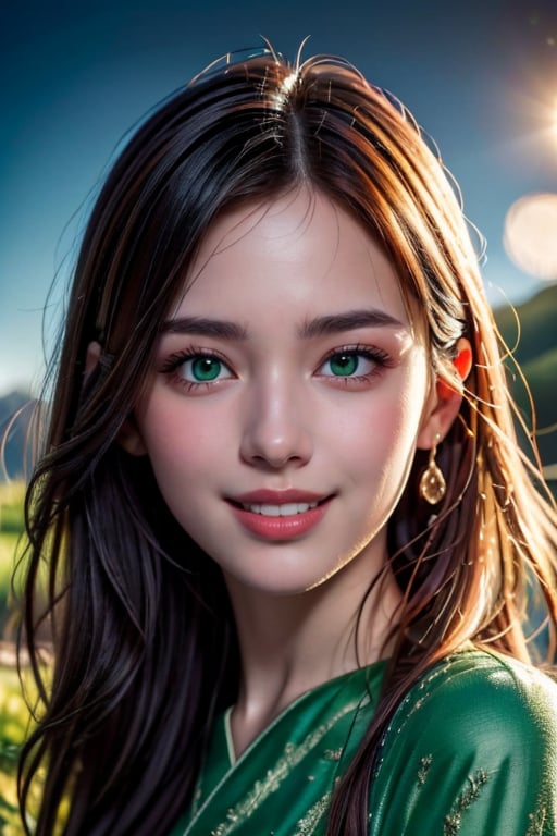 (masterpiece),(((20 year old))) ((best quality)), ((True Color)), Vintage Retro Photography, ultra-detailed, (Fashion Editorial), (illustration),  (dynamic angle), (Portrait),  (woman), ((detailed face)), (extra long hair), (Red and Green dress), beautiful detailed Green eyes, (mystical landscape), (good anatomy), Smile, 