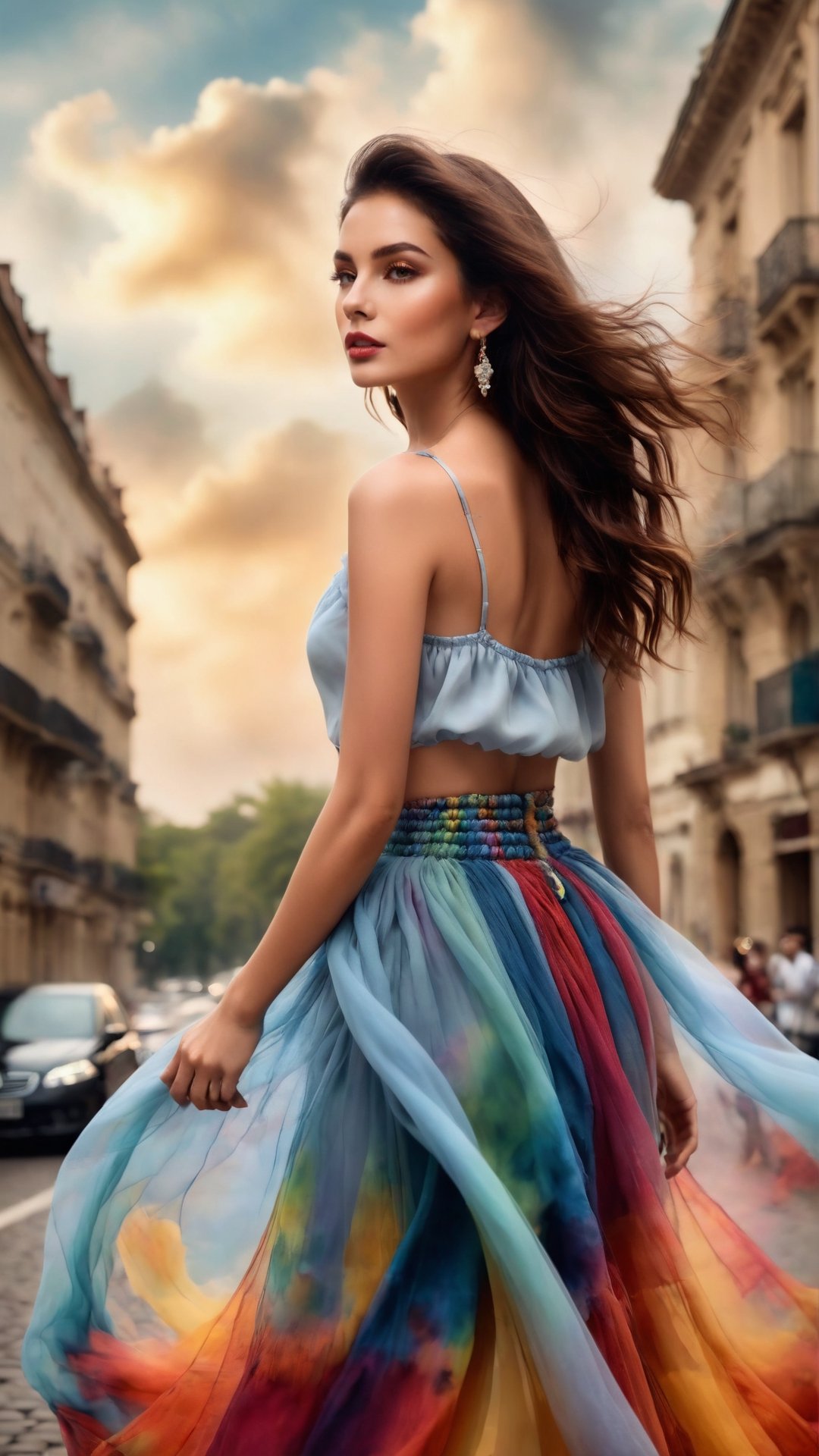 Inspired by photography from Vogue magazine, On a cloudy day, a woman is wearing a romantic transparent gauze, like clouds, a colorful long skirt, the woman's face is looming, the atmosphere is like smoke and a dream, it is indescribably beautiful.,Retouch all bugs,Melody,Enhanced All