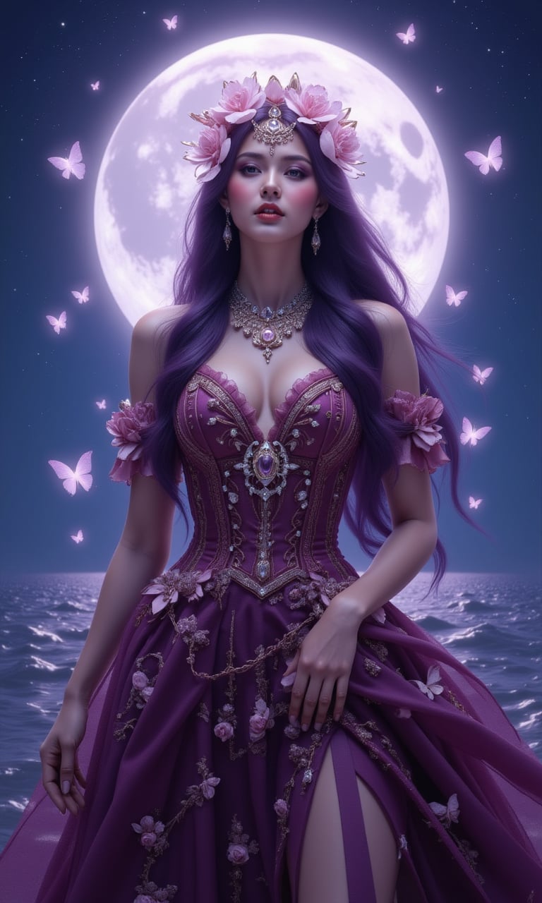 Here's a potential digital illustration based on your description:  -Title:- 'Moonlit Enchantress'  -Image:-  The illustration features a fantastical, ethereal woman standing against a backdrop of a large, glowing moon and a shimmering, starry night sea. Her hair flows like a river of purple, with intricate, delicate strands that seem to come alive in the moonlight.  She wears a stunning, ornate gown that's been meticulously designed to showcase her beauty and elegance. The gown is a deep, rich bordeaux color, with intricate flower patterns and sparkling jewels that catch the light. Her headpiece is a masterpiece of complexity, with delicate, curved petals and glittering gemstones that seem to shimmer and shine.  Around her, a halo of light and butterflies creates a magical aura, as if she's conjuring up the very essence of the moon and sea. The Mars above casts a soft, gentle glow over the scene, illuminating the waves and creating a sense of peace and tranquility.  -Color Palette:-  - Deep, rich brown for the hair and gown - Soft, shimmering blue for tthe MARS and sea - Delicate, pale pink for the flowers and gemstones - Gold and silver for the jewelry and accents  -Style:-  The illustration is done in a highly detailed, realistic style, with a focus on capturing the beauty and elegance of the subject. The character is rendered in a lifelike way, with intricate textures and patterns that add depth and dimension to the image.  -Mood:-  The mood of the illustration is one of enchantment and mystery, capturing the essence of a magical, otherworldly moment. The subject's serene, ethereal expression and the dreamlike quality of the scene create a sense of wonder and awe, as if the viewer has stumbled upon a hidden, mystical world. 