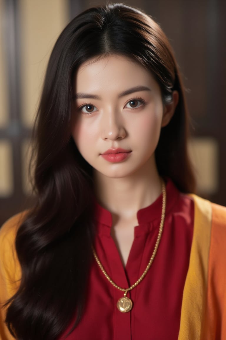 a young Asian woman with long dark brown hair is stunning. She is wearing a gold necklace, a red button-down shirt, and a yellow and orange shawl. The background is blurred, creating a soft focus on the woman's face. The woman's eyes are a piercing blue, and her lips are a darker pink. Her hair is cascading down her shoulders, adding a pop of color to her face.