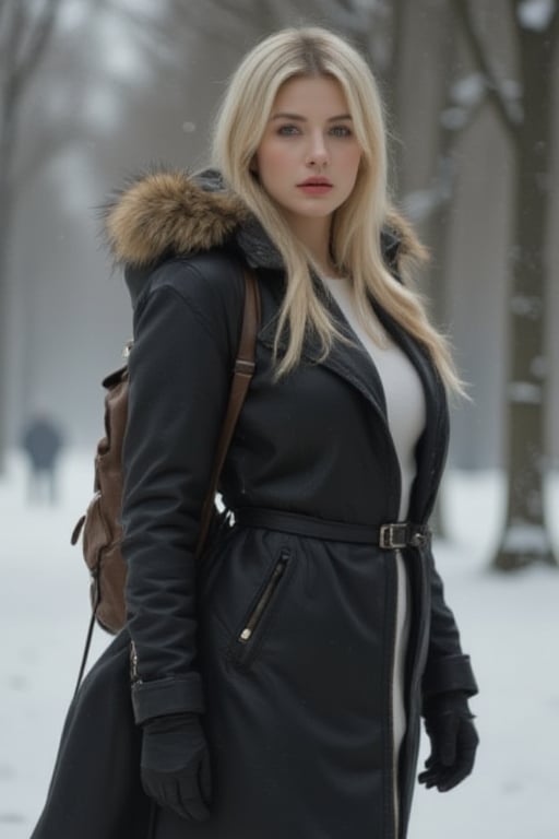 Captured at eye-level, a blonde woman stands in a winter scene, her hair cascades over her shoulders. She is dressed in a black leather jacket, a brown leather backpack, and black gloves. Her coat is adorned with a brown fur hood, adding a touch of warmth to her outfit. The background is blurred, creating a stark contrast to the woman's outfit.