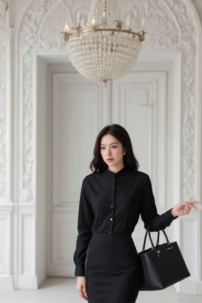 A woman stands centered in a stark white room, her dark hair flowing like a waterfall down her shoulders, complemented by a black button-down shirt and high-waisted skirt that creates a striking contrast. Her piercing gaze meets the viewer's, focused intently on something in the distance. In her left hand, she clutches a sleek black purse, adding a pop of sophistication to her overall ensemble. The room's focal point is the ornate chandelier suspended from the upper right corner, drawing the eye upwards and deepening the space. Intricate carvings adorn the walls, weaving together the composition in perfect harmony with the woman's chic attire.