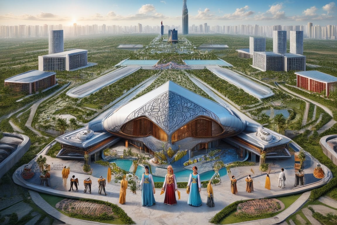 mage of a futuristic city with buildings designed based on traditional African architecture, covered with high-tech lines and natural elements. People in the image may be wearing costumes inspired by ancient African fashion but combined with modern equipment such as virtual reality glasses or technological devices.,Perfect Architecture