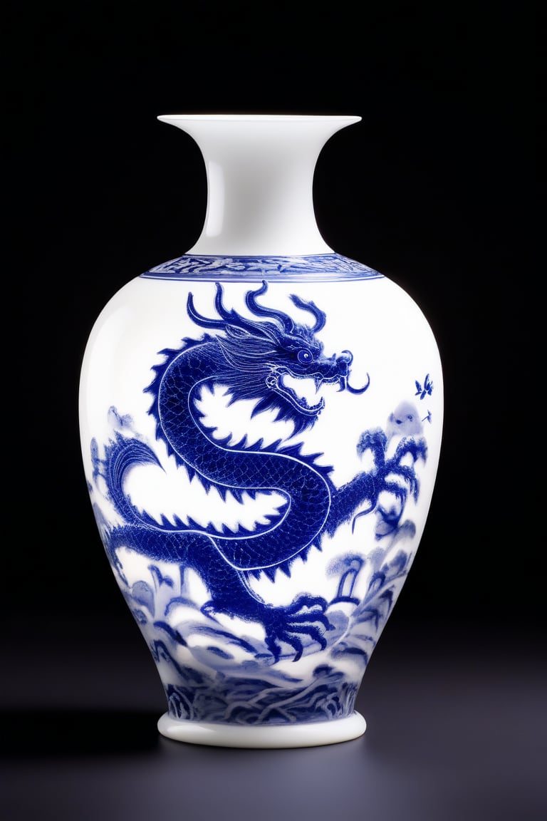 Create an image of a white Chinese vase with a Theo blue ink drawing of a Chinese dragon and a calligraphy inscription. The vase is set against a velvet black background, illuminated by a soft box light effect, highlighting the intricate details and the vibrant blue ink. The composition focuses on the vase, with the dragon and calligraphy prominently displayed, capturing the elegance and cultural significance of the piece.,Unique Masterpiece,Enhanced Realistic,Truly Asian Beauty