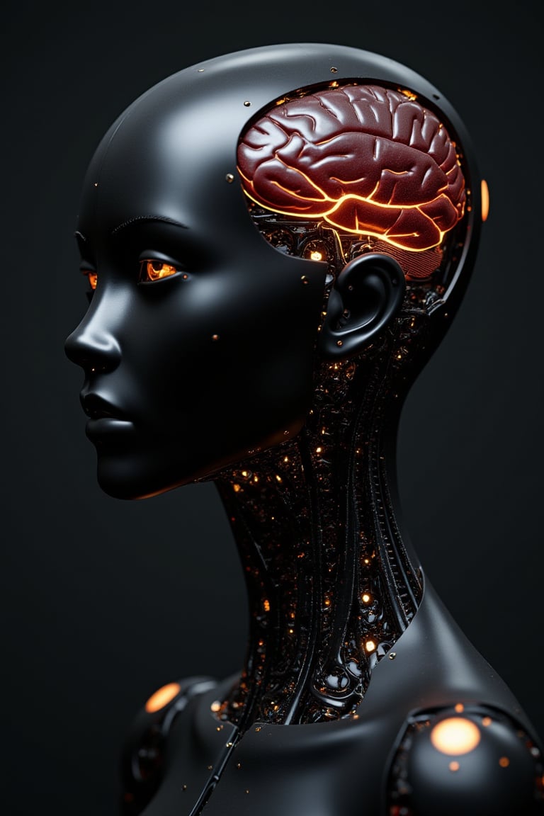 extremelyrealistic pretty black female Ai robot head showing her ai digital brain,science style