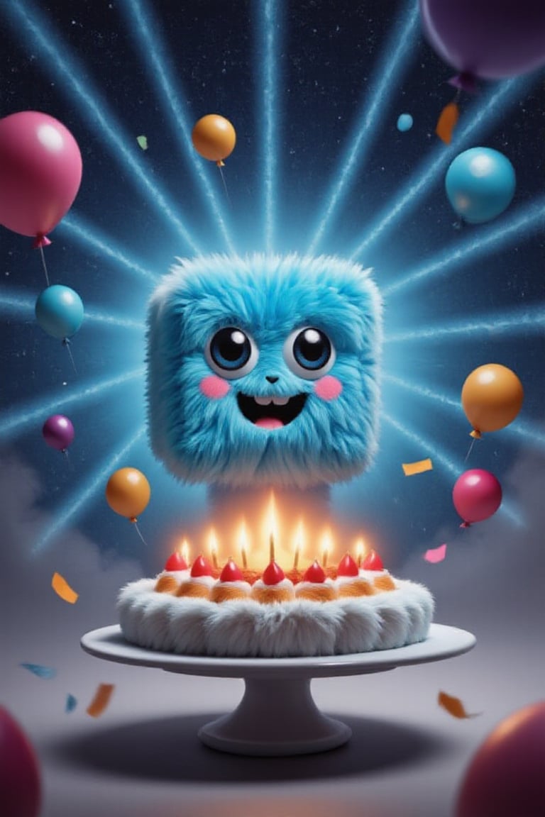 In a kaleidoscope of color against a starry space station backdrop, a radiant blue cube-shaped mascot, Tenten's birthday celebrant, radiates excitement within a whirlwind of confetti and balloons. The mascot stands triumphantly before a giant cake ablaze with lit candles, its beaming face aglow as it basks in the joyous atmosphere.