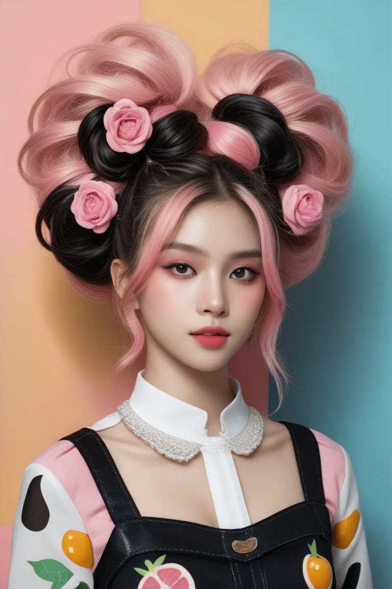 A girl has an elaborate hairstyle with a mix of black and pink tones, which could suggest a creative or rebellious personality. The presence of the colorful background may indicate a sense of vibrancy or action associated with the character. She wears an food inspiration outfit. The overall composition and style are indicative of a narrative-driven genre such as comics or graphic novels.,Pho