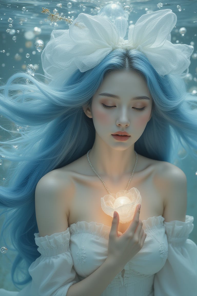 A serene and ethereal female figure with flowing blue hair that merges with the surrounding environment. She has closed her eyes and holds a delicate glowing object near her heart. The background is filled with bubbles, some of which are translucent and others shiny, giving an impression of underwater depth. The color palette is dominated by soft blues, whites, and hints of gold, creating a dreamy and magical atmosphere.burlesque,shabby chic,,fine art,epic,Boho gypsy, marquise,duchesse,dark fantasy,