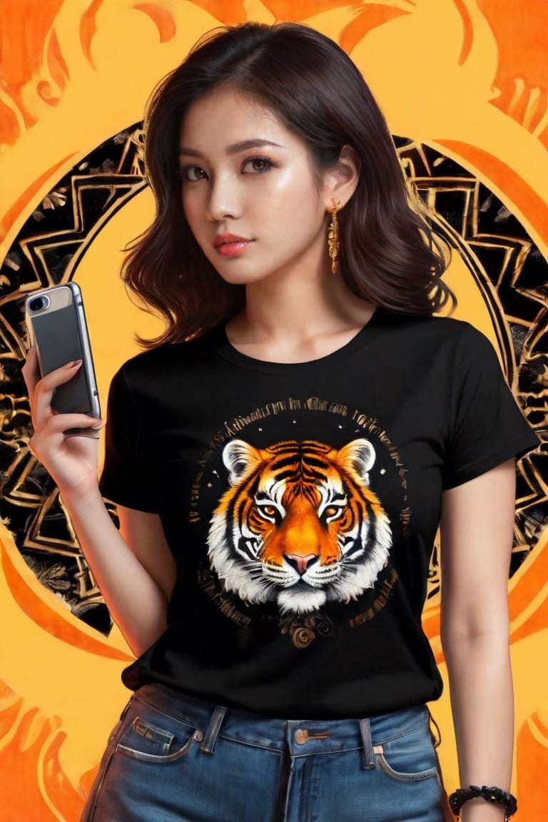 A beautifully drawn (((vintage t-shirt print))), featuring intricate ((retro-inspired typography)) encircling a (((sumi-e ink illustration))) depicting tiger, in a stance holding a iphone,gleaming in the sunlight,  ying yang sybol behind the head, integrating elements of Vietnamese calligraphy  with black back ground, ,Fashionista ,Timeless beauty,Young beauty spirit ,Enhance,Sugar babe ,Melody