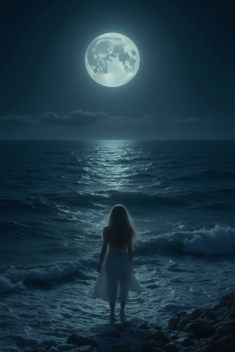 A young girl stands at the edge of a vast, dark sea, with the full moon rising high in the sky. The water stretches out before her, its waves gently lapping against the shore as the night's silence is broken only by the distant calls of nocturnal creatures. The girl's figure is silhouetted against the moon's soft glow, her long hair blowing softly in the ocean breeze.,Sea