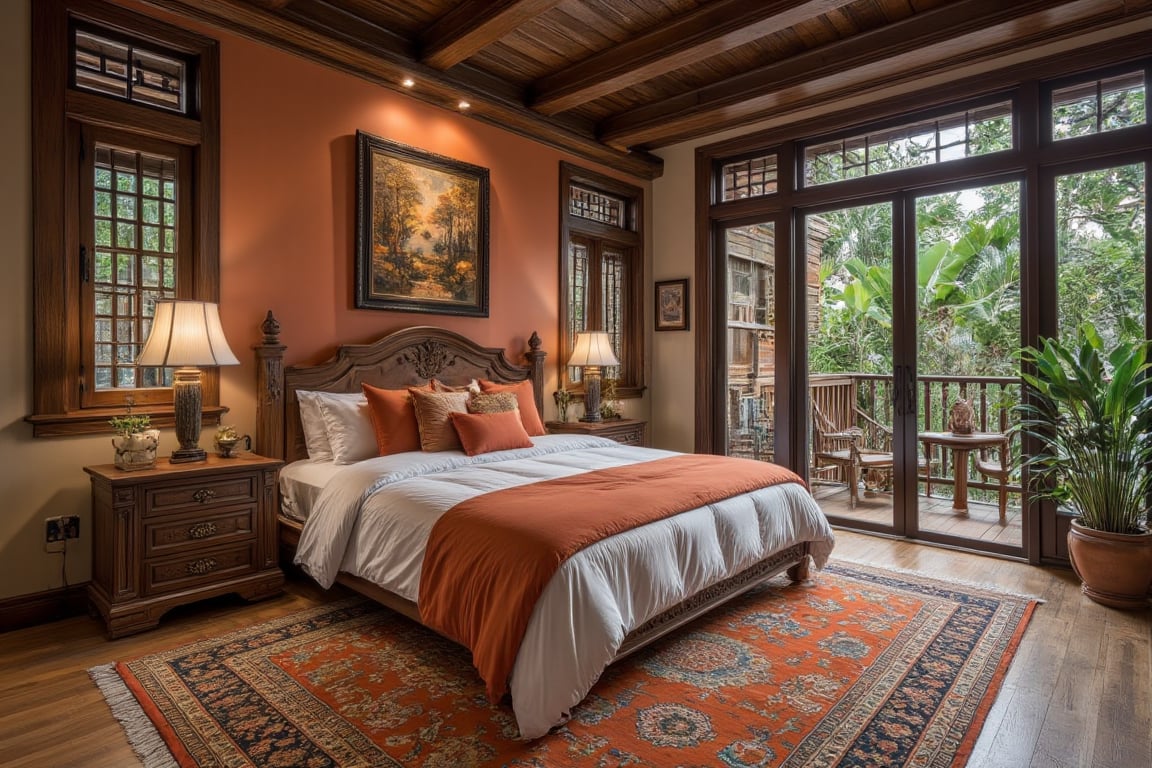 Captured from a high-angle perspective at eye-level, a beautiful bedroom is adorned with a vibrant orange and white bedspread, adorned with five pillows and a matching blanket. The bed is situated in the center of the frame, flanked by two wooden nightstands, each with a lamp on top of them. The walls are adorned with an ornate wooden frame, adding a touch of rustic charm to the scene. The floor is a light brown hardwood, with a patterned area rug in the foreground. The room is bordered by a glass sliding door, providing a glimpse of a balcony with a variety of greenery outside. The ceiling of the room is made up of dark wood beams, adding texture to the overall composition.,Enhanced all