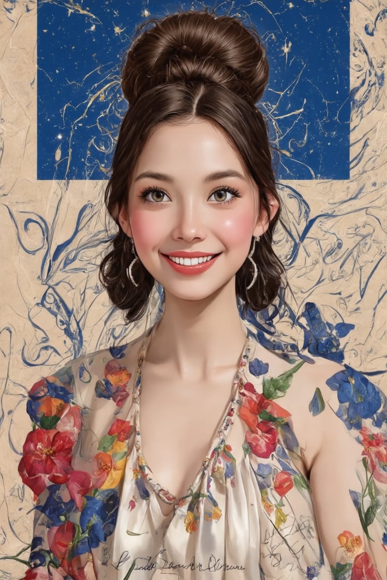 (1girl,  from Malaysia, smile, face focus, bun hair, perfect face, medium shot, gracefully, flowers and her country national flag  form intricate patterns against the backdrop of the Earth, reminiscent of the styles of Da Vinci), Detailed texture, High quality, High resolution, High precision, Realism, Color correction, Proper lighting settings, Harmonious composition, Behance Works,detail-rendering,Realistic Enhance,,Fashion drawing