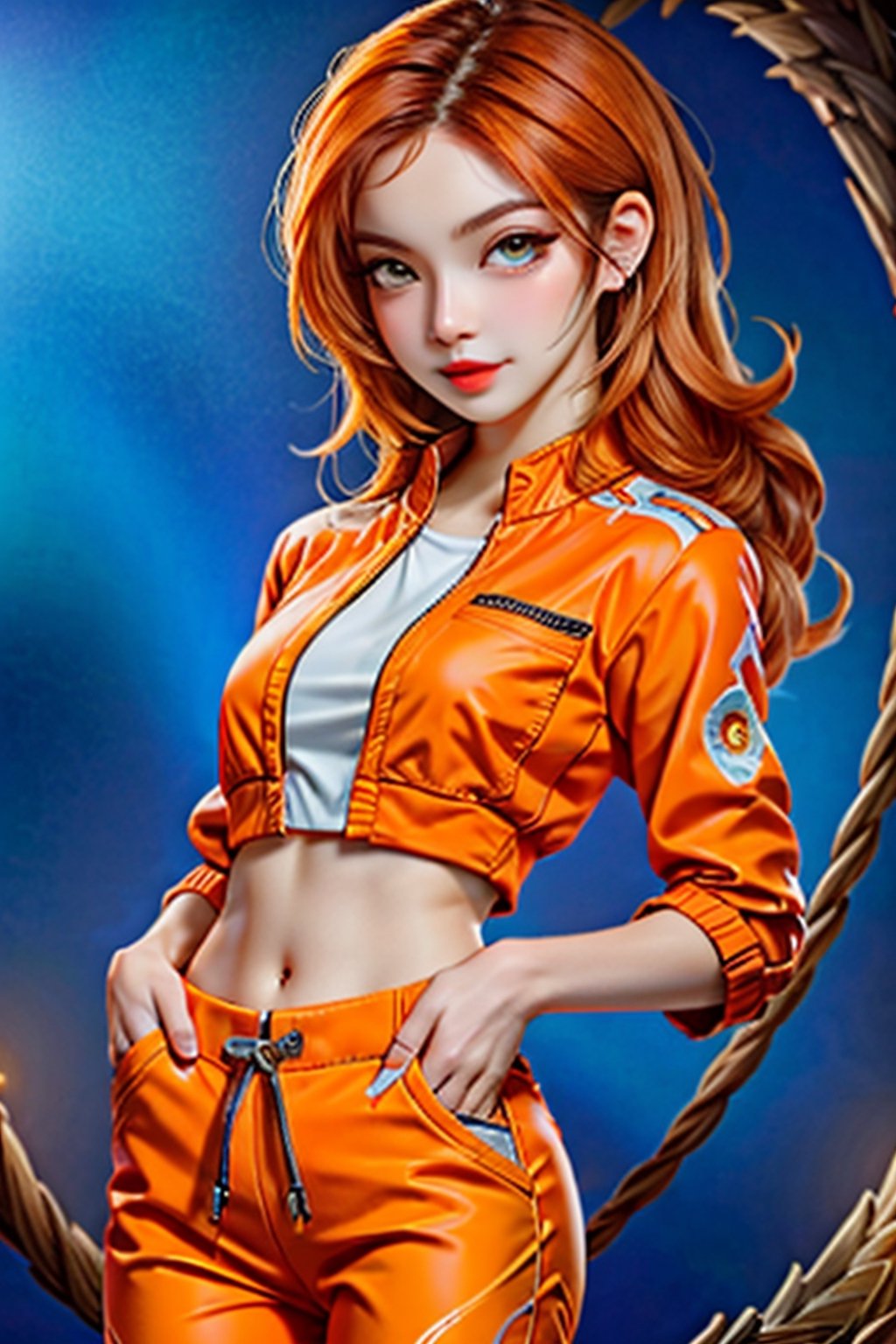 (1 cute girl:1.5), (pretty girl), loose hair, (orange hair:1.5), beautiful eyes, symmetrical, detailed, (eyelashes:1.2), (aegyo sal makeup:1.2), bright smile, (red lips:1.3), (detailed face), (small breasts:1.3) (toned belly:1.3), (wearing top:1.5), (capri sweatpants:1.5), (hands in pockets:1.5 ), immersive background, volumetric haze, global illumination, soft lights, natural lighting, (realistic:1.5), (4k, digital art, masterpiece), high detail digital painting, lifelike, (highest quality), (soft shadows), (best character graphics), ultrahigh resolution, highly detailed digital graphics, physics-based rendering, realism with an artistic flair, vibrant colors, f2.2 lens, soft palette, natural beauty.,RedHoodWaifu,Daughter of Dragon