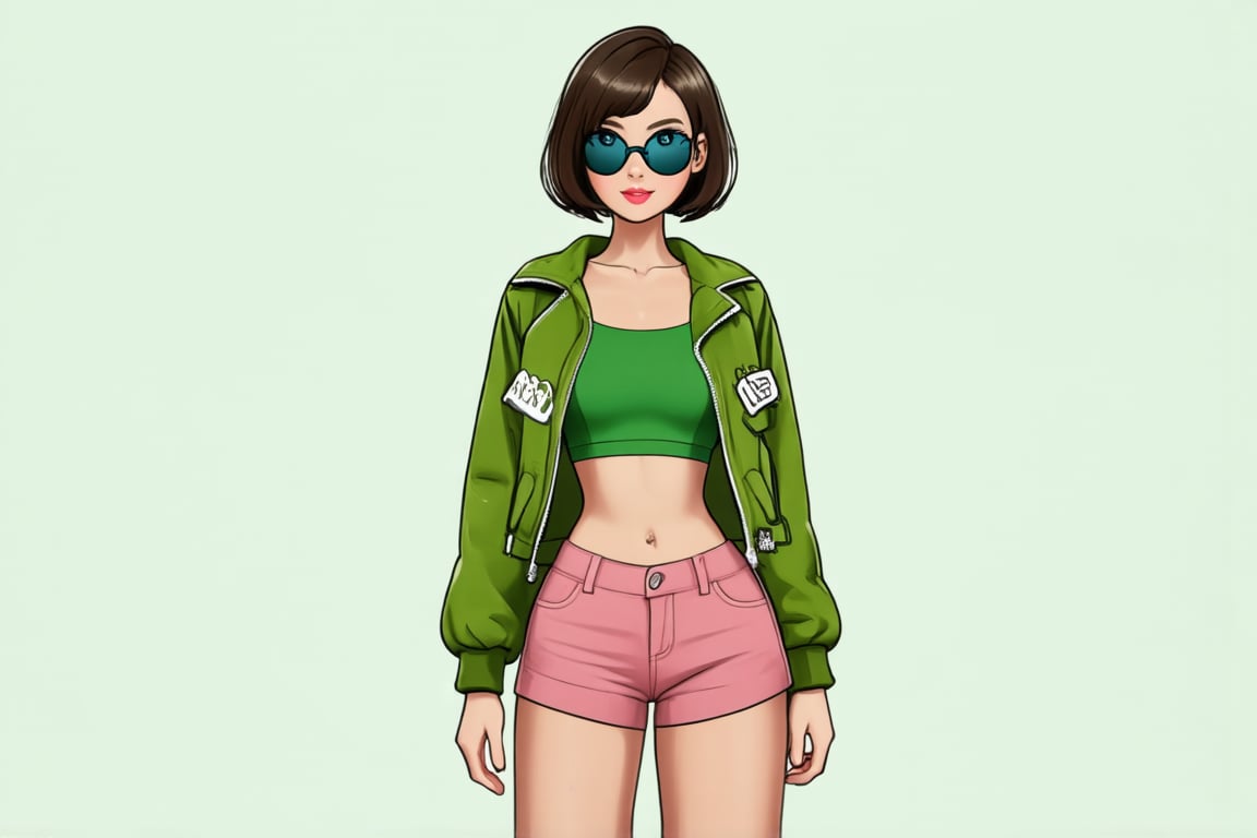 photography, character sheet of realistic cute girl in green crop top, short hair, open jacket, wearing sunglass, stylish, pink shorts, simple background, front , side, and behind,Cartoon