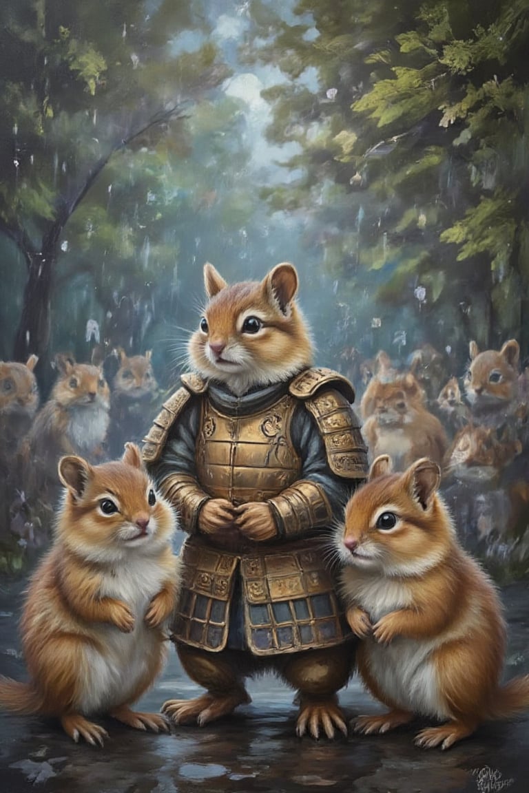 Hyper-detailed  painting, Jean-Baptiste Monge style, a gang of cute samurai little squirels gathered in the rain under an samurai armor, splash, glittering, cute and adorable, filigree, lights, fluffy, magic, surreal, fantasy, digital art, ultra hd, hyper-realistic illustration, vivid colors,  UHD, cinematic perfect light,greg rutkowski