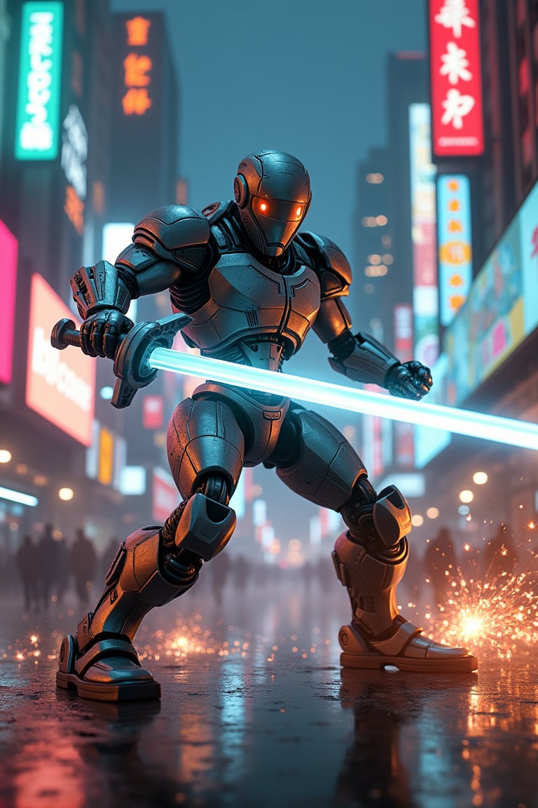 A dynamic action scene of a robot warrior in a fierce battle on the streets of a futuristic city. The robot is mid-combat, wielding a glowing energy sword, with sparks flying from its metallic limbs. The cityscape is illuminated by neon lights and holographic advertisements, casting a vibrant glow. The composition captures the intensity of the fight, with the robot's determined pose and the chaotic environment around it. The lighting is dramatic, highlighting the robot's metallic surface and the energy weapon.