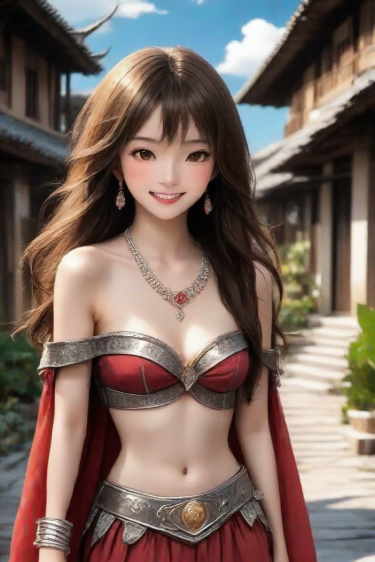 A charming cartoon scene featuring 1girl, solo, long hair, brown hair, navel, brown eyes, jewelry, very long hair, midriff, necklace, cape, armor, bracelet, The composition highlights her expressive face and the fun, exaggerated details of the cartoon environment, creating a delightful and engaging visual story.,Indochina,Pho,