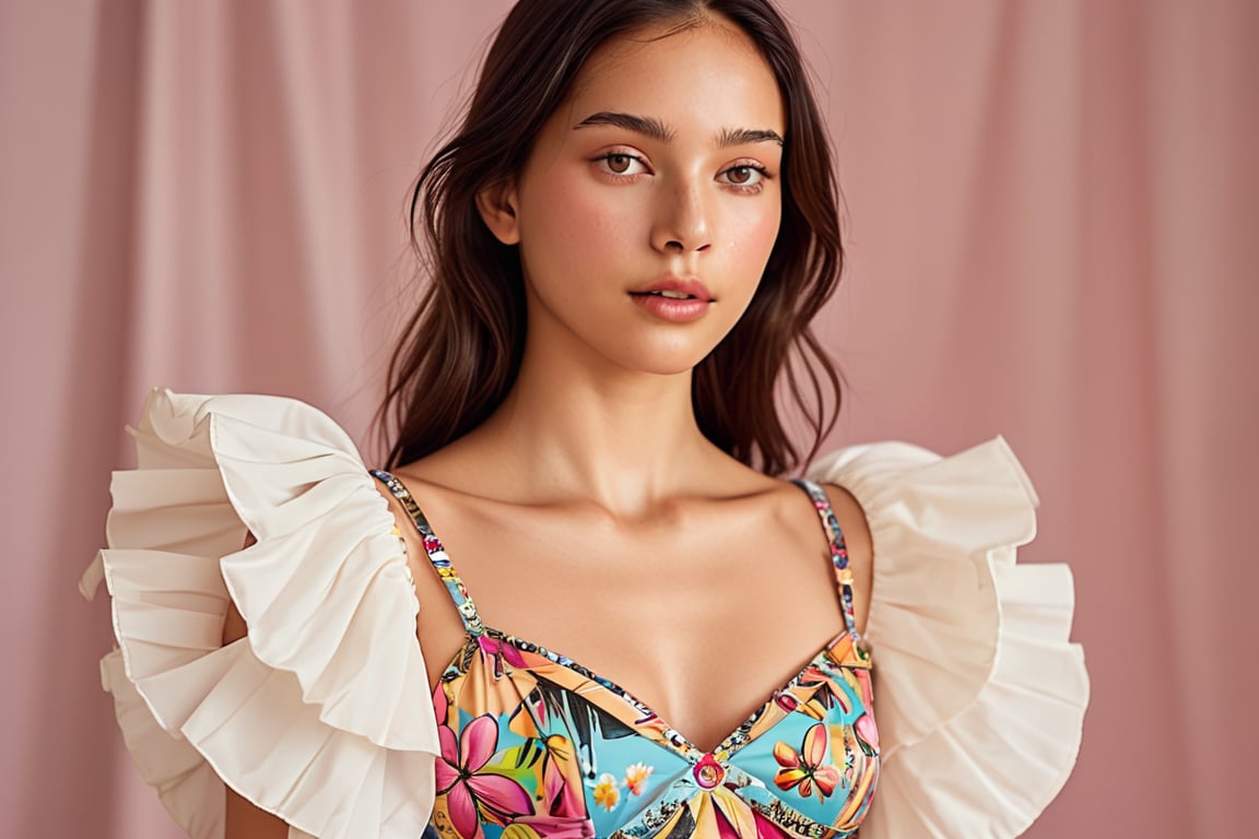 The task is asking to annotate the image by describing its content. In this case, the content includes a young woman dressed in a stylized bikini with a sweetheart neckline and sheer sleeves.it should be used for fashion-related purposes, such as modeling portfolios or advertising dress wear. The annotation should focus on the clothing, the pose, and the overall aesthetic presented by the image.