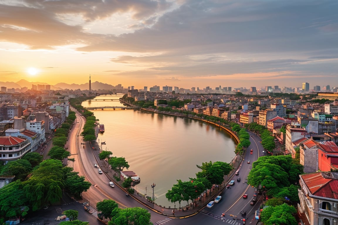 Aerial shot of Hanoi at sunset, capturing the city's vibrant colors and energetic pulse. The camera pans down to reveal the bustling streets, a tapestry of red roofs and green trees. Warm lighting casts a golden glow on the architecture, highlighting the country's economic growth and prosperity. A majestic flagpole stands tall, surrounded by lush greenery, symbolizing national pride.