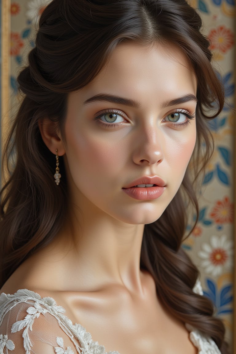 masterpiece of Byzantine mosaics depicts a serene girl with exquisite features in stunning detail. Against a simple yet elegant background, the 16k resolution portrait shines with perfect dynamic composition and bokeh effects. The subjects face is sharply focused, while the surroundings gently blur into a soft focus. A super wide-angle lens captures the high angle shot from above, showcasing her beauty amidst a subtle depth of field.