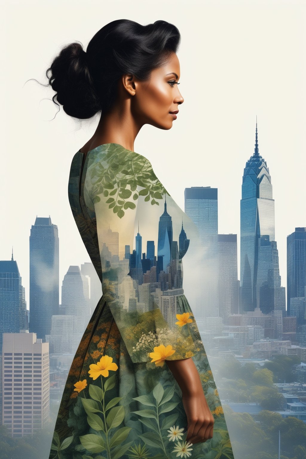 a photograph of a double exposure of a woman standing in front of a city skyline, her silhouette filled with the intricate details of botanical illustrations. The flowers matched her dress, transforming her into a powerful nature goddess with the concrete jungle at her command.,Replay1988,Melody,Perfect skin