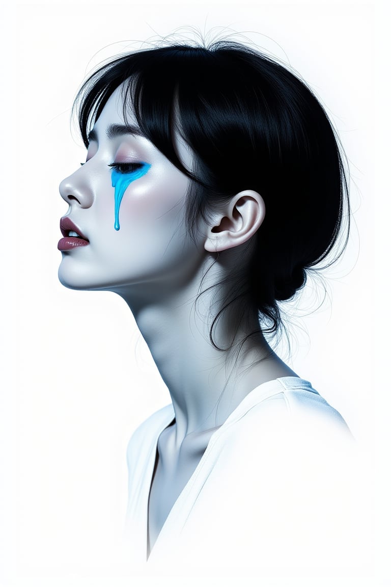 (A simple and elegant portrait depicting the silhouette of a woman crying blue tears on a pure white canvas.The outline uses only black and has a minimalist approach with only clean lines to convey deep feelings of sadness and melancholy. express), Detailed Textures, high quality, high resolution, high Accuracy, realism, color correction, Proper lighting settings, harmonious composition, Behance works,ct-niji2,xxmix_girl,goth person