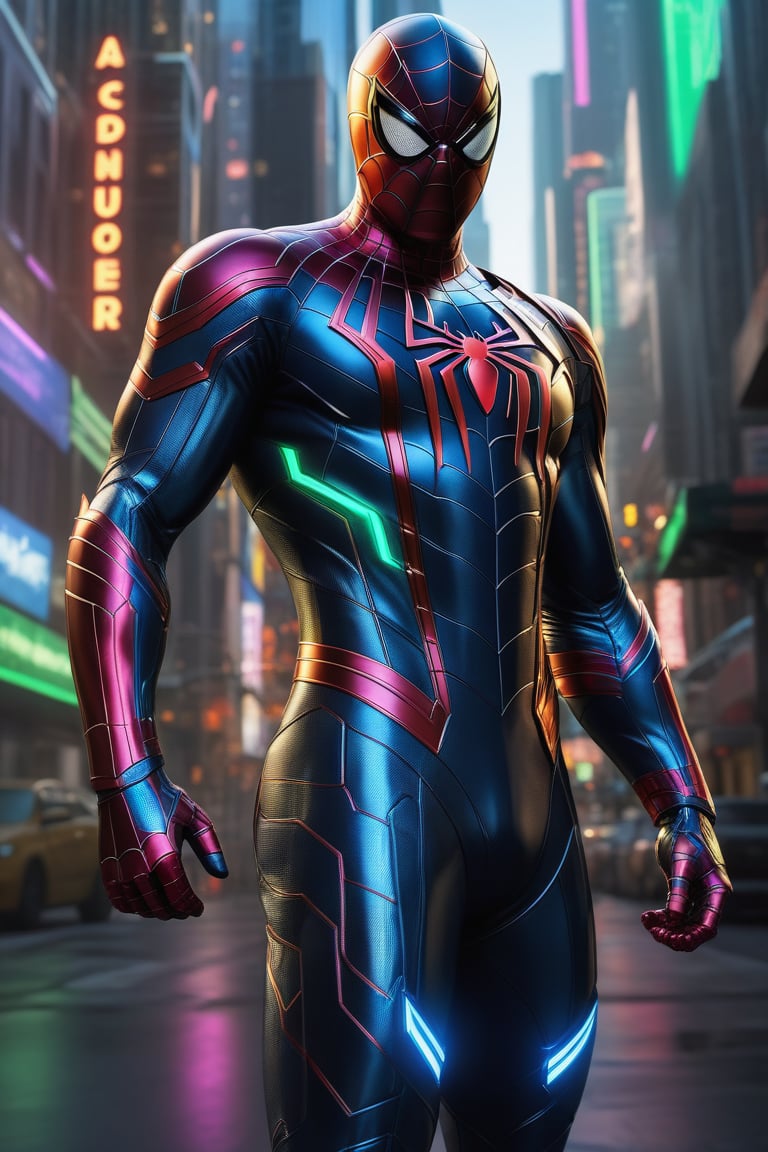 Envision a hyper-realistic, full-length portrayal of a man garbed as Spiderman. This cybernetic, shimmering figure is captured in a multichromatic palette, illuminated by bright neon rays with a black and green outline. The official art style, indigo renderer, panther-like exoskeleton, and jade viridescent hues are striking. A medium shot accentuates his transparent, cybernetic armor. His muscular build, akin to a paladin, stands out against a photorealistic, intricately detailed cityscape, with buildings that enhance the suit's armor, all aglow with the radiance of remarkable prisms and neon lights.