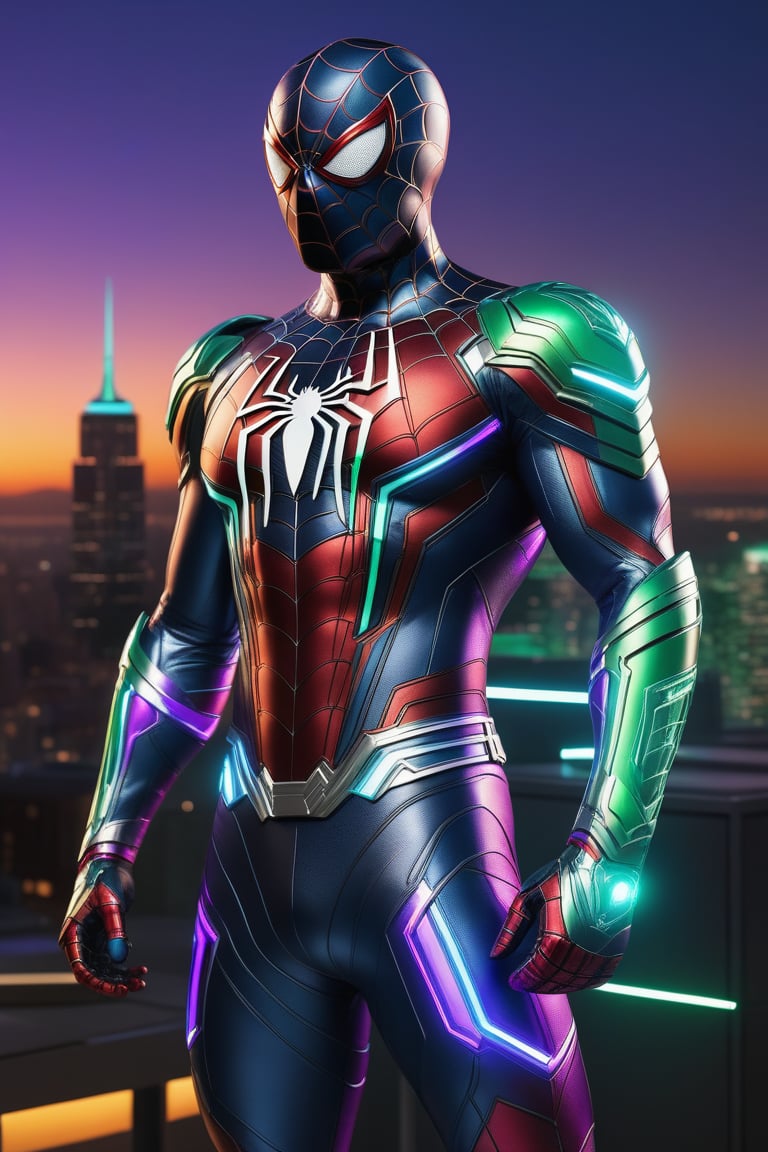 Envision a hyper-realistic, full-length portrayal of a man garbed as Spiderman. This cybernetic, shimmering figure is captured in a multichromatic palette, illuminated by bright neon rays with a black and green outline. The official art style, indigo renderer, panther-like exoskeleton, and jade viridescent hues are striking. A medium shot accentuates his transparent, cybernetic armor. His muscular build, akin to a paladin, stands out against a photorealistic, intricately detailed cityscape, with buildings that enhance the suit's armor, all aglow with the radiance of remarkable prisms and neon lights.