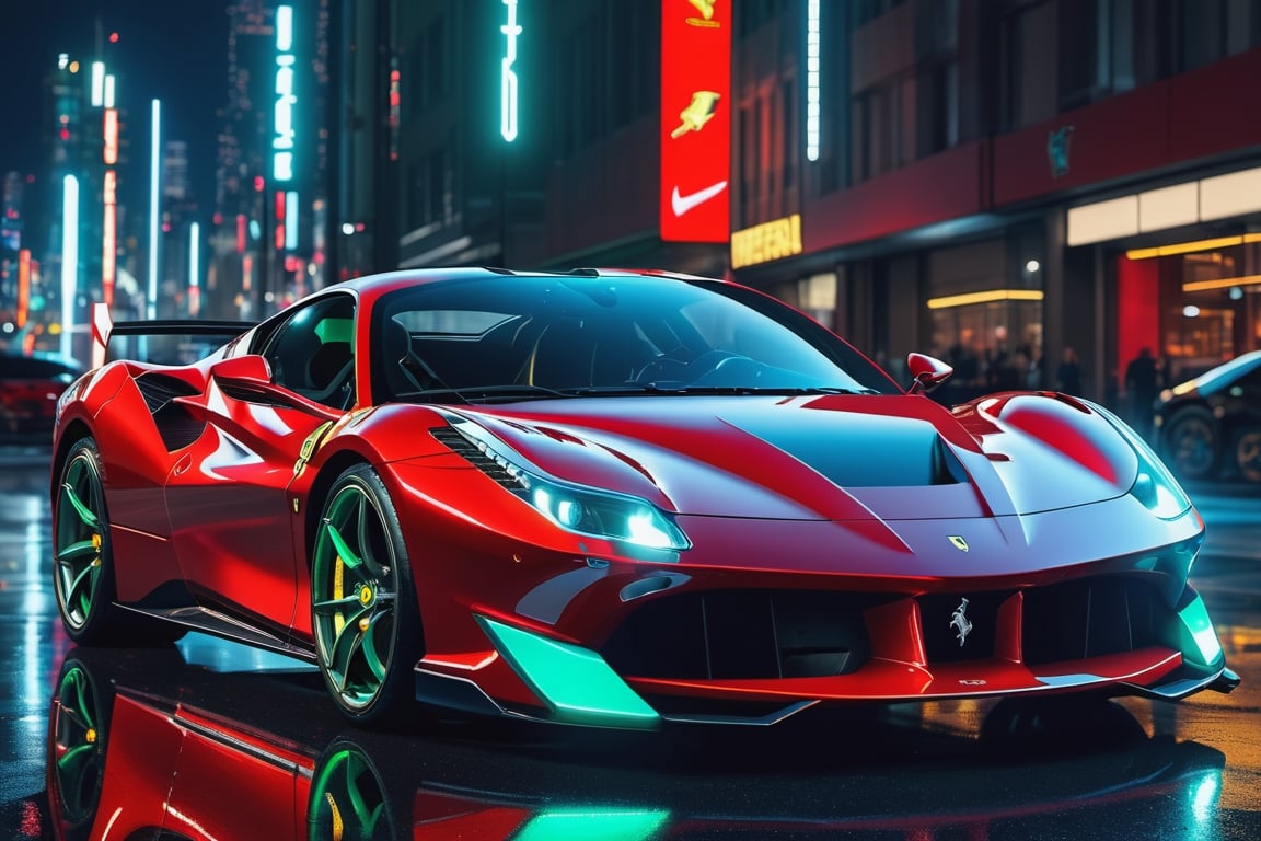 Futuristic Ferrari, wide shot, red and black robotic mecha car, with armor and weapons, futuristic mecha, style, with plates and armor, reflection mapping, realistic figure, night city background, neon, hyper detailed cinematic lighting photography , 32k uhd, shiny metal armor, neon blue and green lighting,