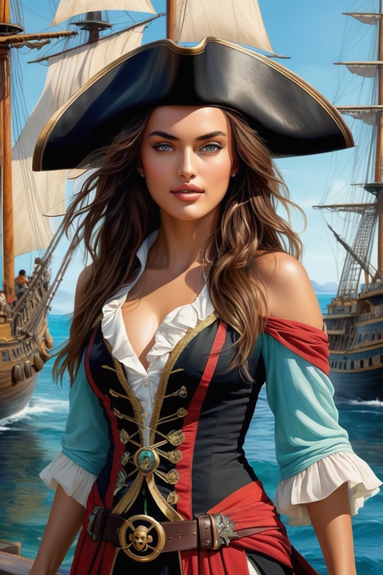 Create a full-length photorealistic portrait of Irina Shayk as an attractive pirate. Wearing a well detailed pirate costume. The artwork should be a masterpiece filled with intricate details. The background must represent boats and scenes of the Caribbean Sea. Irina Shayk must be standing, occupying the entire frame, with the viewer looking at her from below and in front. She uses a rich color palette that includes black hair and eyes with a mix of captivating colors. Apply high-quality rendering for a cinematic look and complex lighting. The final image must be 8K resolution and designed to be used as a cover. Draw inspiration from notable artists such as Artgerm, WLOP, Alphonse Mucha and Tony Taka, incorporating isometric fractal details and bioluminescent elements to create a vibrant, hyper-realistic portrait. It highlights bright and realistic elements, and fuses lines that combine the precision of Da Vinci with the style of Erte. The goal is to create a work of art that is a successful reference in the genre of artistic portraiture of real people.