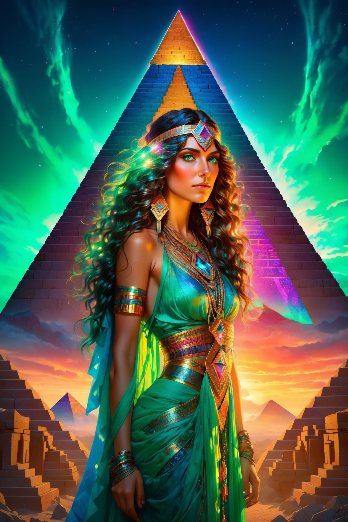 ((Girl)), 22 years old, is an Aztec warrior, full-length portrait of a beautiful woman, (in front of a pyramid: 1.5), free hands: 1.25, looking at the camera in front, intensely colored fantasy, long hair and dark curly, stunning realistic 1920s photography, green colored eyes, full body, natural background, cover art, hyper detailed painting, luminism, rendering octane, bar lighting, complex, high resolution concept art portrait 8k by Martina Fačková and Prywinko Arte, Artgerm, WLOP, Alphonse Mucha, Tony Taka, isometric details fractal bioluminescence, hyperrealistic stunning full color cover photo, hand drawn, bright, gritty, realistic, davinci, erte, 12k, intricate Definition suddenly, cinematic, rough sketch, mix of dark bold lines and loose lines, bold lines, on paper, real life human,