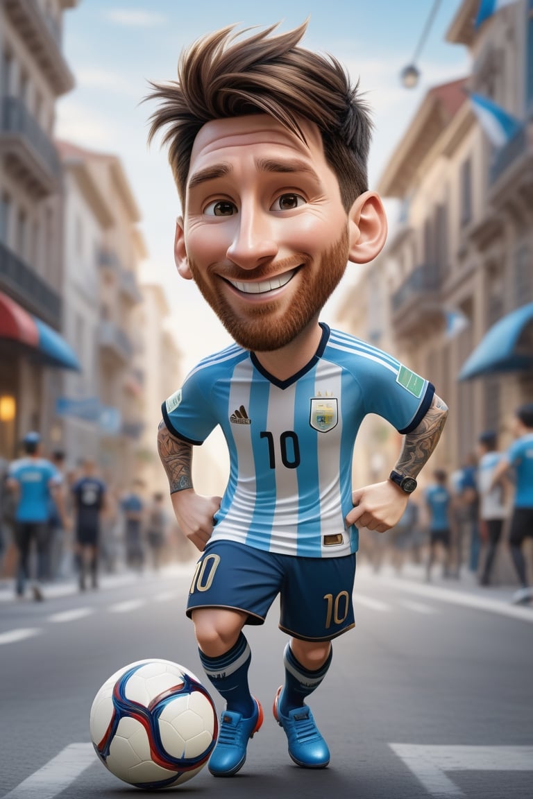 Pixar-style full-body caricature of a mischievous Messi in a dynamic pose on a bustling city street, wearing the iconic jersey number 10 of the Argentina national team, created by Greg Rutkowski with sharp focus, depth of field, perfect composition, intricate details, trending on ArtStation and featured on Pixiv Fanbox, digital art, 8K HDR, ultra-realistic, with the feel