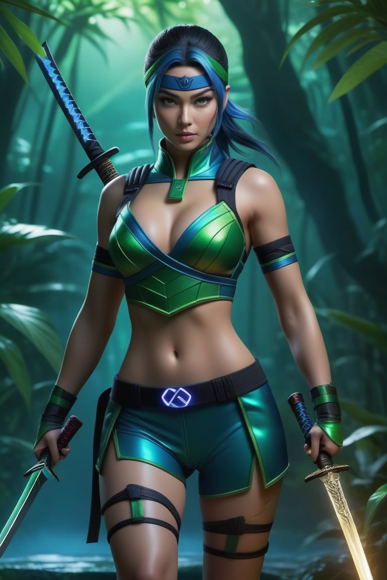 A female ninja depicted in a blue and green suit, wielding a sword, is depicted in full body with iridescent details and neon edges. Her face is hidden with a hood, against a night jungle background. She is dressed in a Ninja suit or tunic and a bow, bushes, realistic images, personified in the style of Mortal Kombat and presented in cinematic quality and 16K resolution.