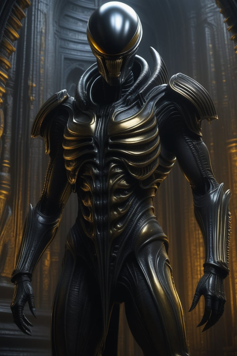 A creative depiction of a xenomorph (gray and gold skin) set in a dark gothic setting, reminiscent of the styles of Hans Rudolf Giger and Zdzislaw Beksinski, and inspired by Artstation. This sci-fi scene features intricate detail, epic realism, and a photorealistic quality achieved through octane rendering. The studio work features HDR, sharp focus and high image detail, capturing the essence of the dark art of Hans Rudolf Giger and Zdzislaw Beksinski in an 8K-rendered masterpiece.