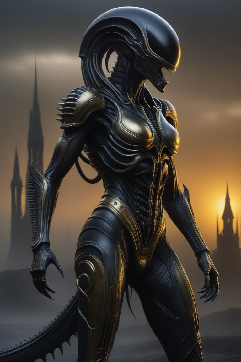 A creative depiction of a xenomorph (gray and gold skin) set in a dark gothic setting, reminiscent of the styles of Hans Rudolf Giger and Zdzislaw Beksinski, and inspired by Artstation. This sci-fi scene features intricate detail, epic realism, and a photorealistic quality achieved through octane rendering. The studio work features HDR, sharp focus and high image detail, capturing the essence of the dark art of Hans Rudolf Giger and Zdzislaw Beksinski in an 8K-rendered masterpiece.