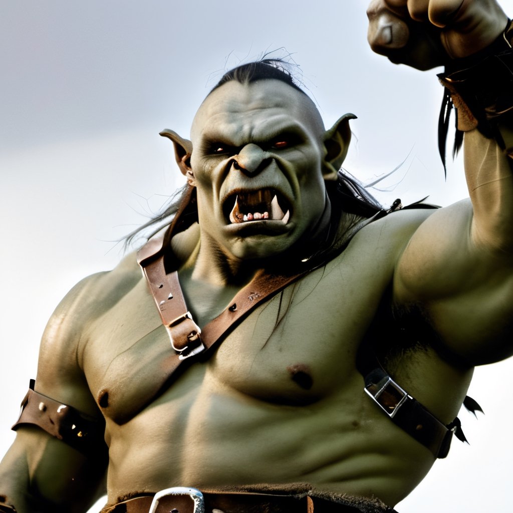 "An orc triumphantly raising one arm in the air, exuding raw power and ferocity."