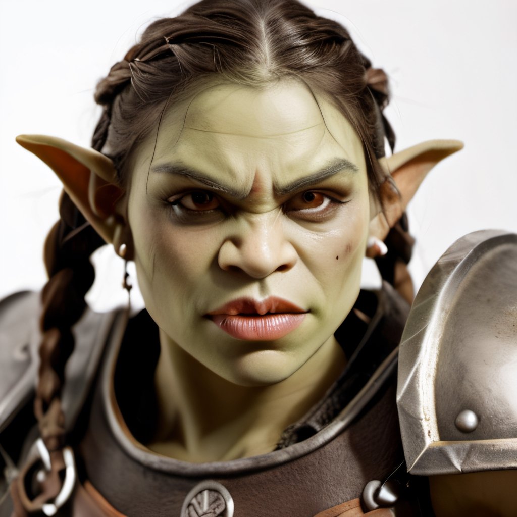 Prompt: A female orc with braided hair holding one arm in the air, with a victorious expression on its face.

Style: Realistic, with a focus on detail and lighting.

Medium: Digital painting.

Colors: Warm and earthy tones, with a focus on the orc's skin and hair.

Details: The orc should be wearing traditional orcish armor, such as a leather chestplate and a metal helmet with horns. It should also be holding a large axe in its other hand.

Composition: The orc should be in the center of the frame, with its arm raised high in the air. The background should be blurred, with a focus on the orc and its expression.