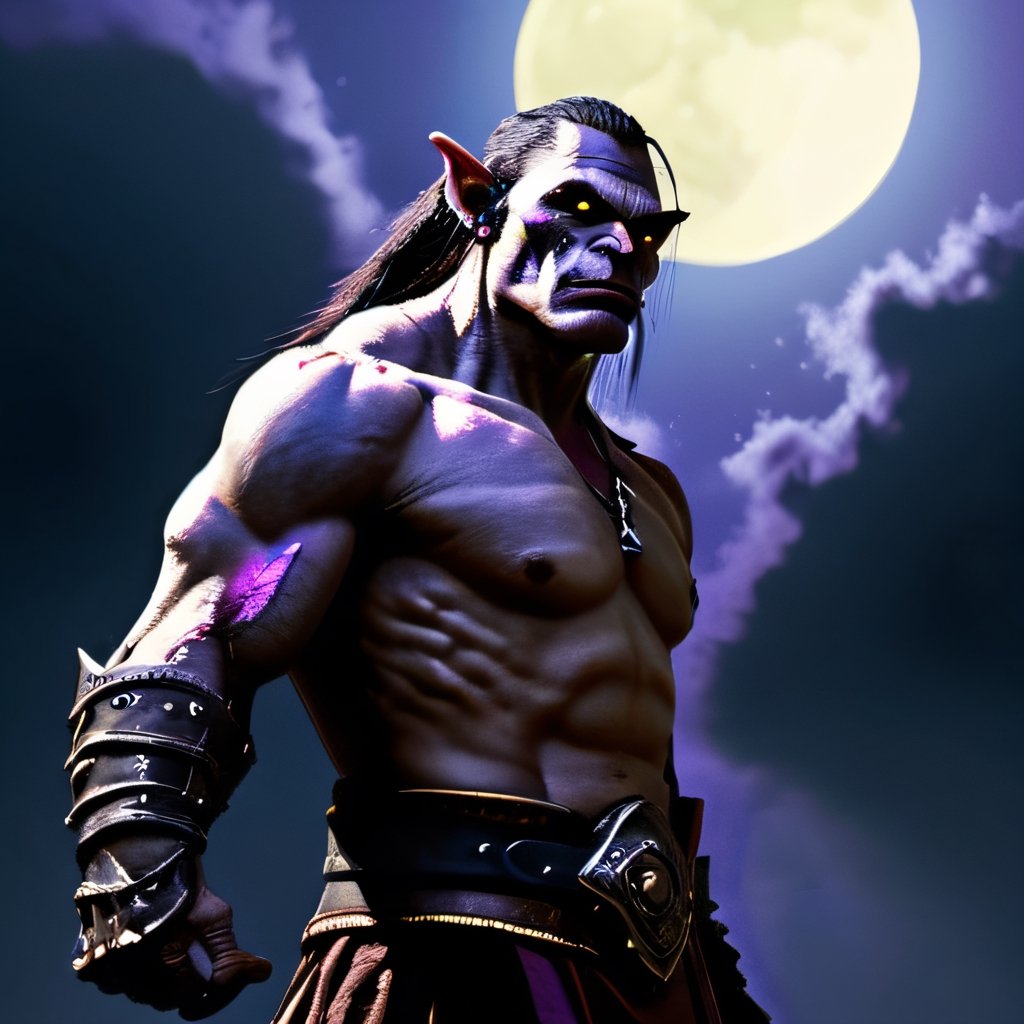 Seven foot tall male orc with purple eyes.  One arm held high with a closed fist.  Wearing half plate armor.  The sky is dark with a full moon.