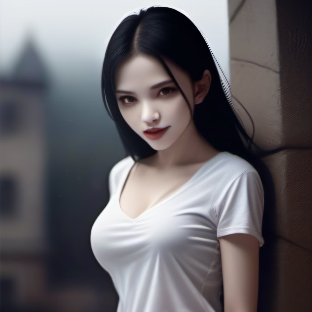 best quality, masterpiece, ultra high res, aspect ratio 16:9, female vampire, perk breast, white tshirt that is wet.